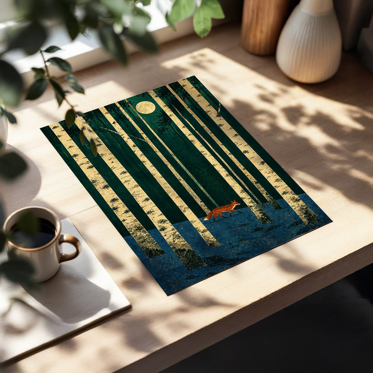 Fox Beneath the Birch Moon, green, beige, blue nature wall art displayed in a styled interior, gallery view 5