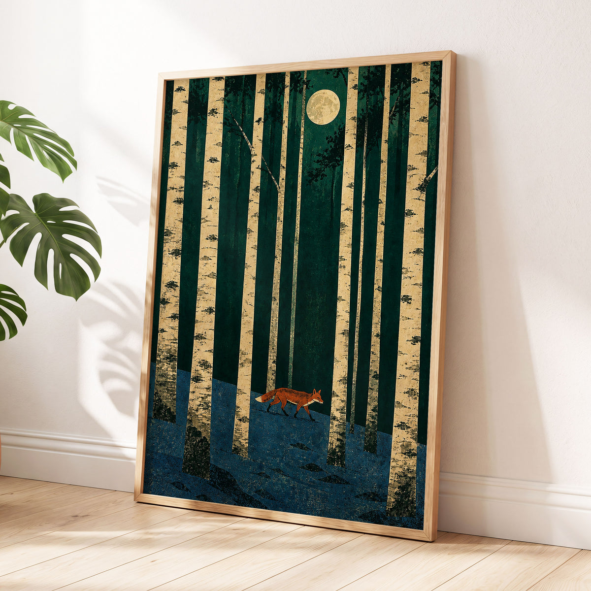 Fox Beneath the Birch Moon, green, beige, blue nature wall art displayed in a styled interior, gallery view 6