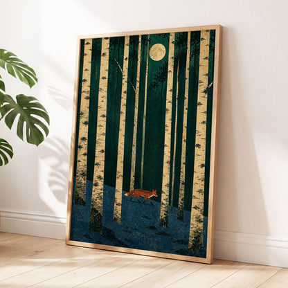Fox Beneath the Birch Moon, green, beige, blue nature wall art displayed in a styled interior, gallery view 6