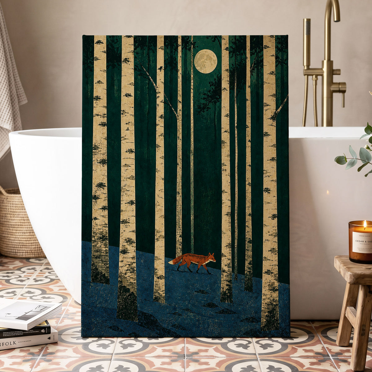 Fox Beneath the Birch Moon, green, beige, blue nature wall art displayed in a styled interior, gallery view 7