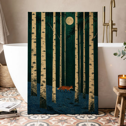 Fox Beneath the Birch Moon, green, beige, blue nature wall art displayed in a styled interior, gallery view 7
