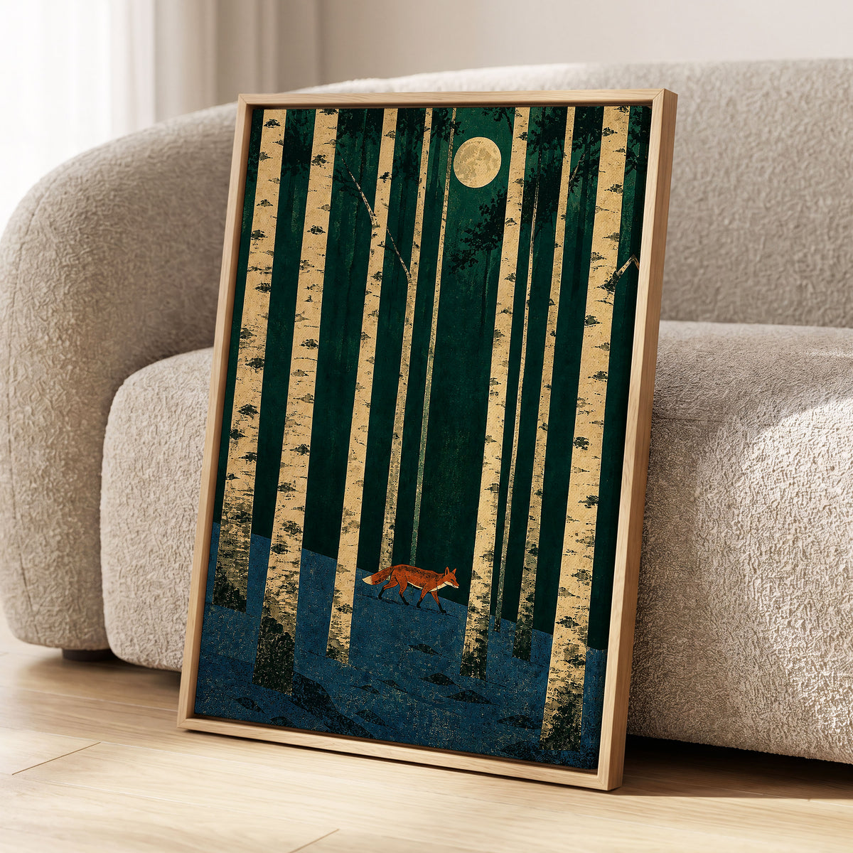 Fox Beneath the Birch Moon, green, beige, blue nature wall art displayed in a styled interior, gallery view 8