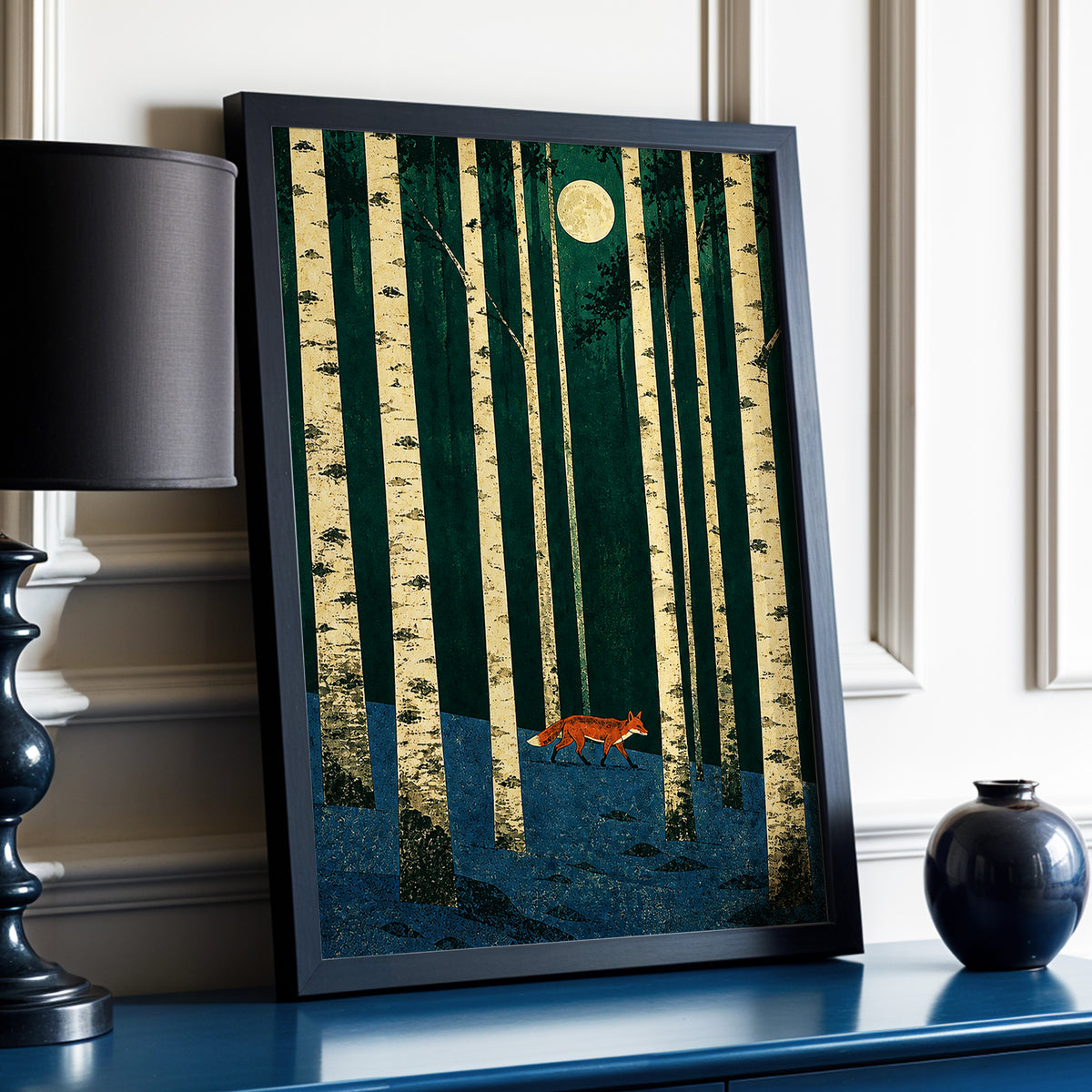Fox Beneath the Birch Moon, green, beige, blue nature wall art displayed in a styled interior, gallery view 9