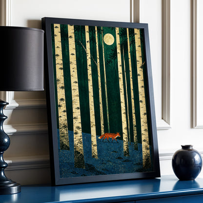 Fox Beneath the Birch Moon, green, beige, blue nature wall art displayed in a styled interior, gallery view 9