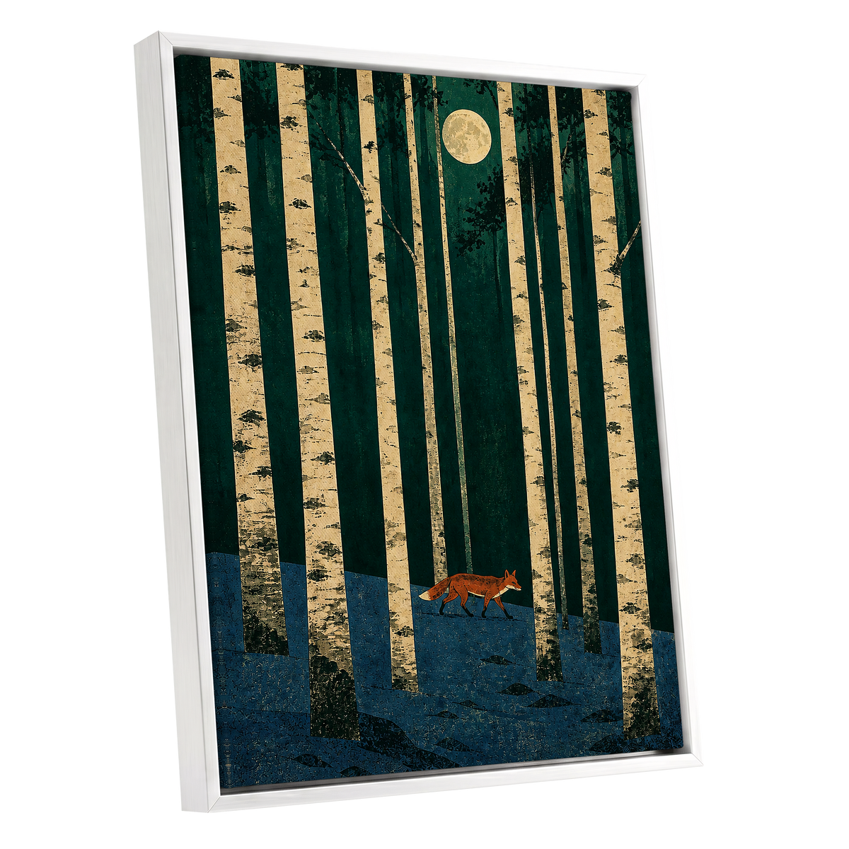 Fox Beneath the Birch Moon, green, beige, blue nature wall art shown as a white framed canvas wall art