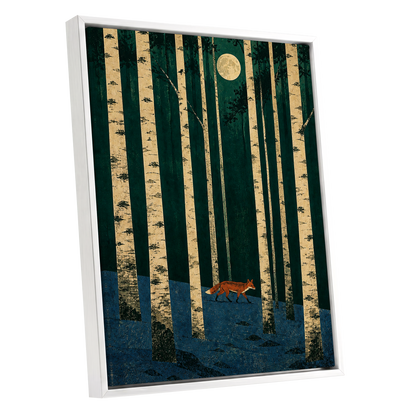 Fox Beneath the Birch Moon, green, beige, blue nature wall art shown as a white framed canvas wall art