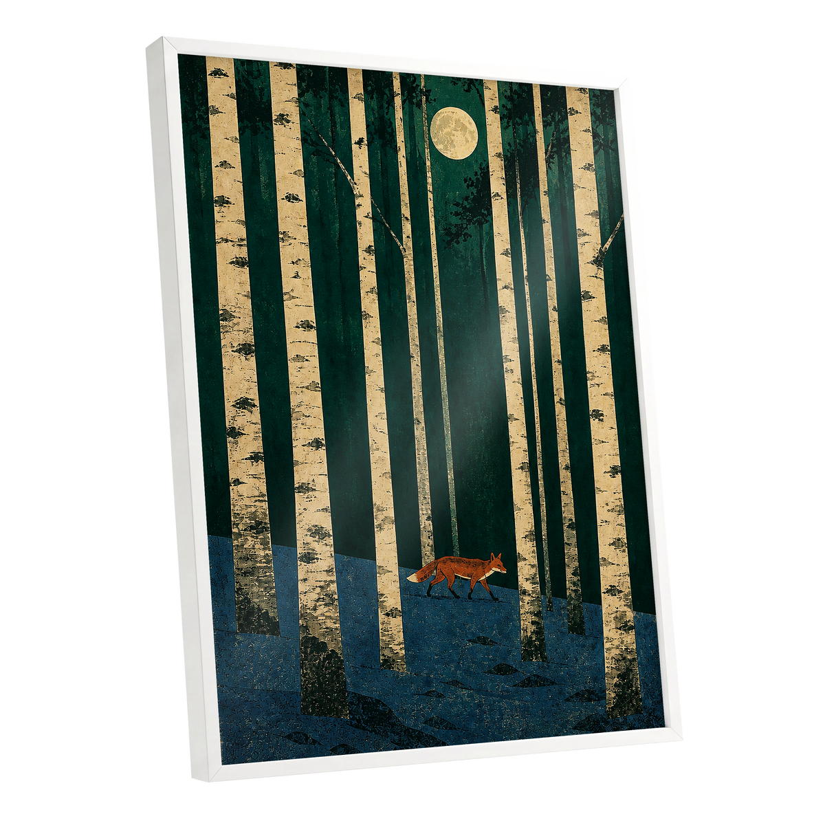 Fox Beneath the Birch Moon, green, beige, blue nature wall art shown as a white framed poster wall art print