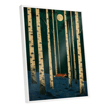 Fox Beneath the Birch Moon, green, beige, blue nature wall art shown as a white framed poster wall art print