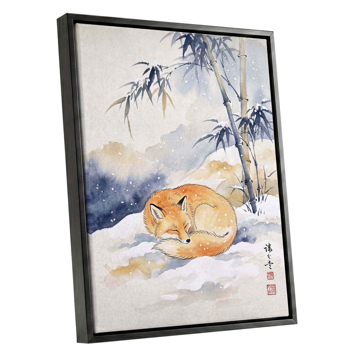 Fox Beneath Winter Bamboo, orange, white, blue nature wall art shown as a black framed canvas wall art