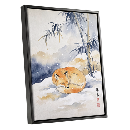 Fox Beneath Winter Bamboo, orange, white, blue nature wall art shown as a black framed canvas wall art