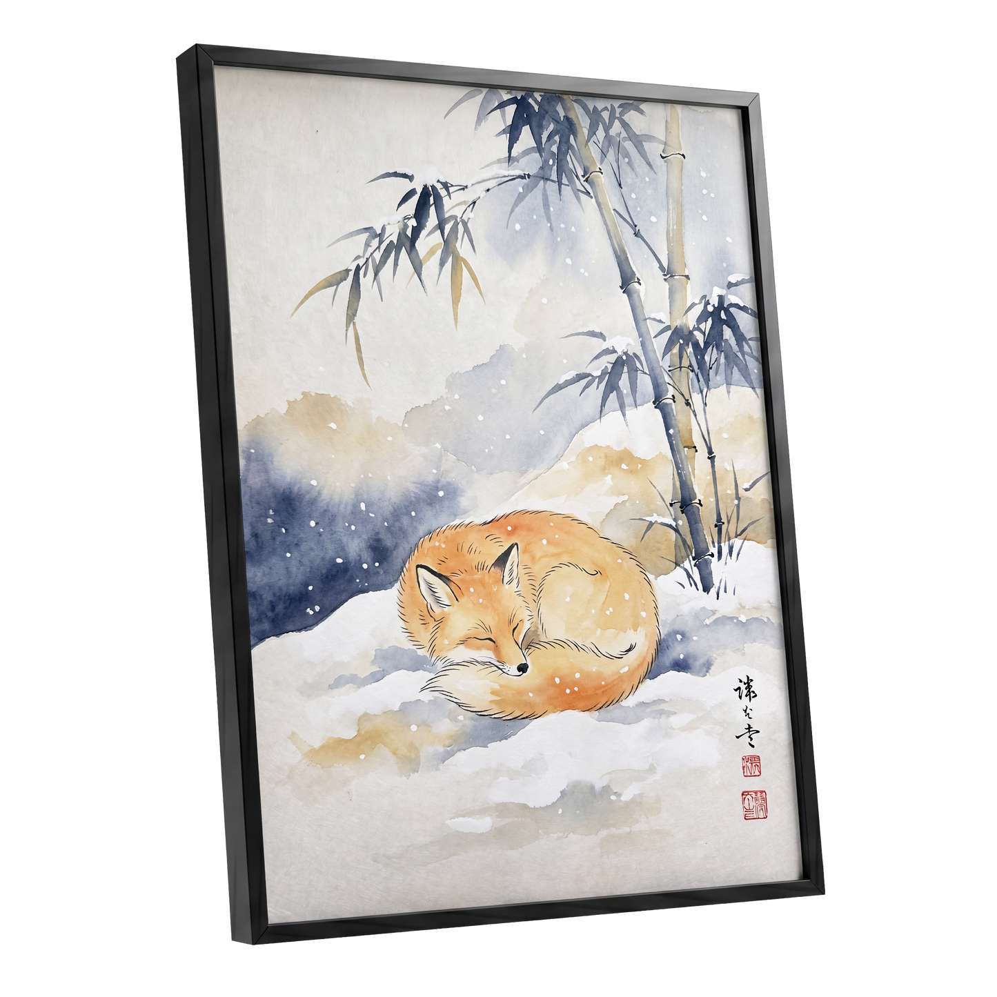 Fox Beneath Winter Bamboo, orange, white, blue nature wall art shown as a black framed poster wall art print