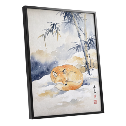 Fox Beneath Winter Bamboo, orange, white, blue nature wall art shown as a black framed poster wall art print