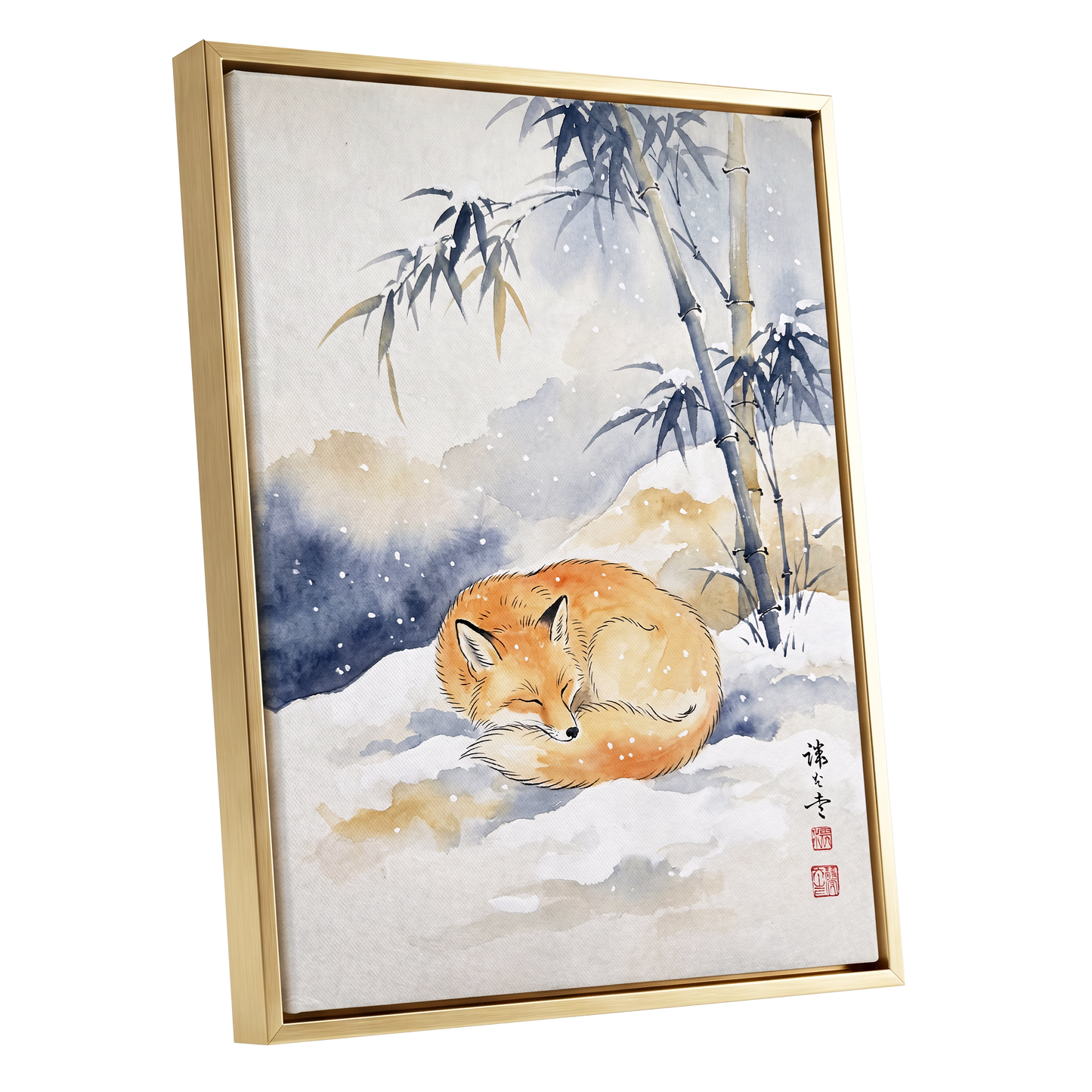 Fox Beneath Winter Bamboo, orange, white, blue nature wall art shown as a gold framed canvas wall art