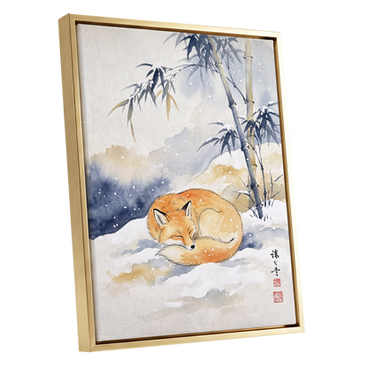 Fox Beneath Winter Bamboo, orange, white, blue nature wall art shown as a gold framed canvas wall art