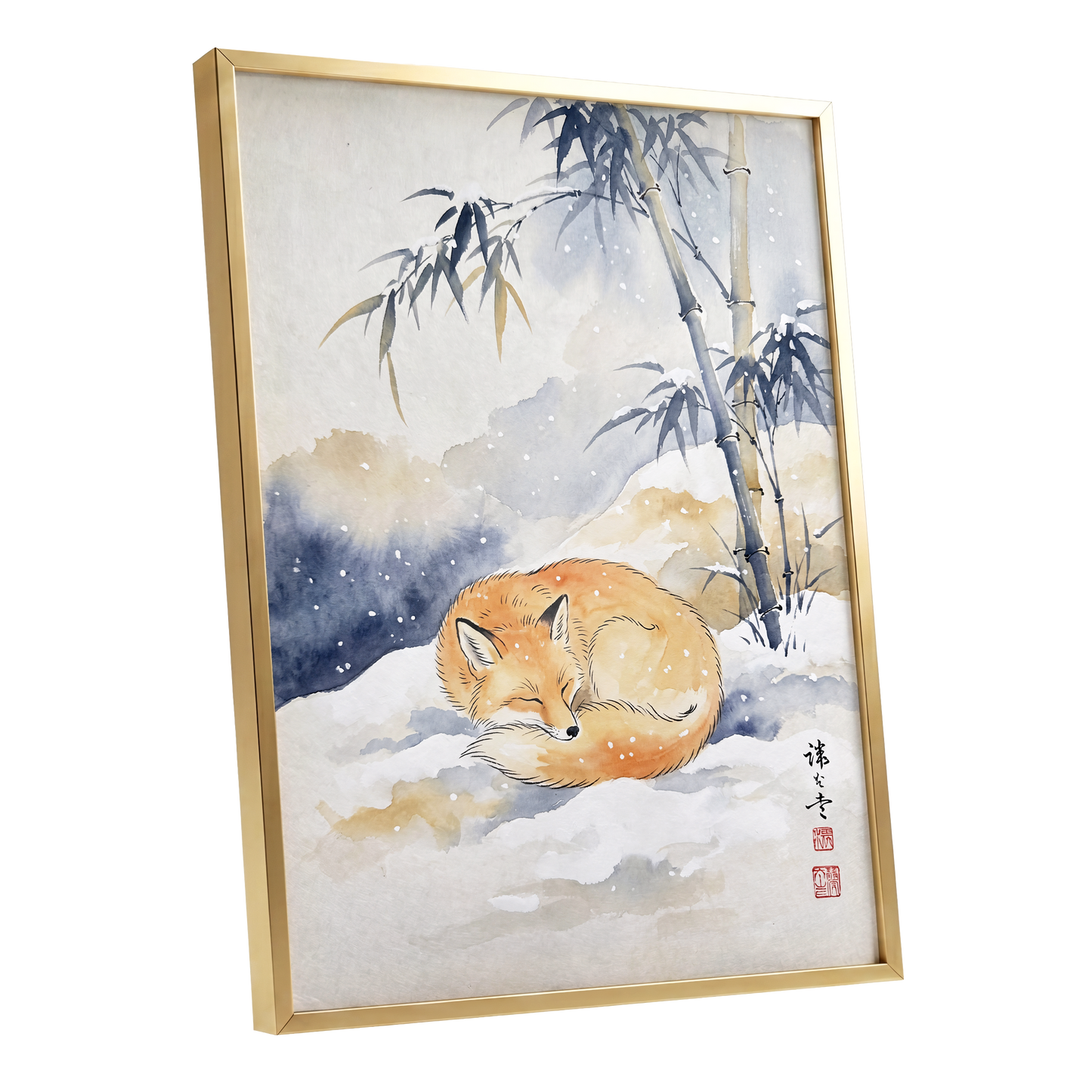 Fox Beneath Winter Bamboo, orange, white, blue nature wall art shown as a gold framed poster wall art print
