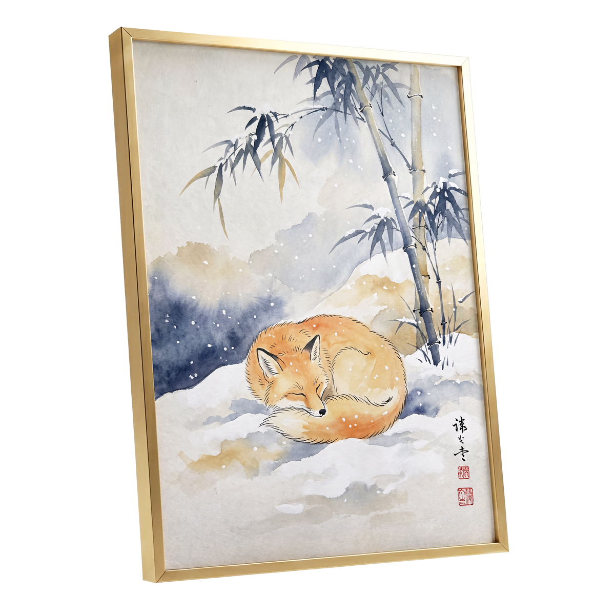 Fox Beneath Winter Bamboo, orange, white, blue nature wall art shown as a gold framed poster wall art print