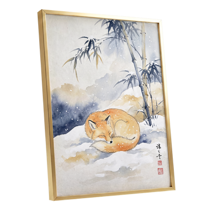 Fox Beneath Winter Bamboo, orange, white, blue nature wall art shown as a gold framed poster wall art print