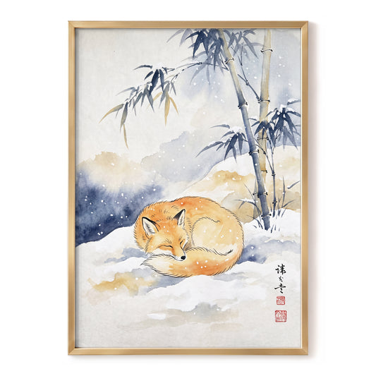 Fox Beneath Winter Bamboo, orange, white, blue nature wall art, front artwork view