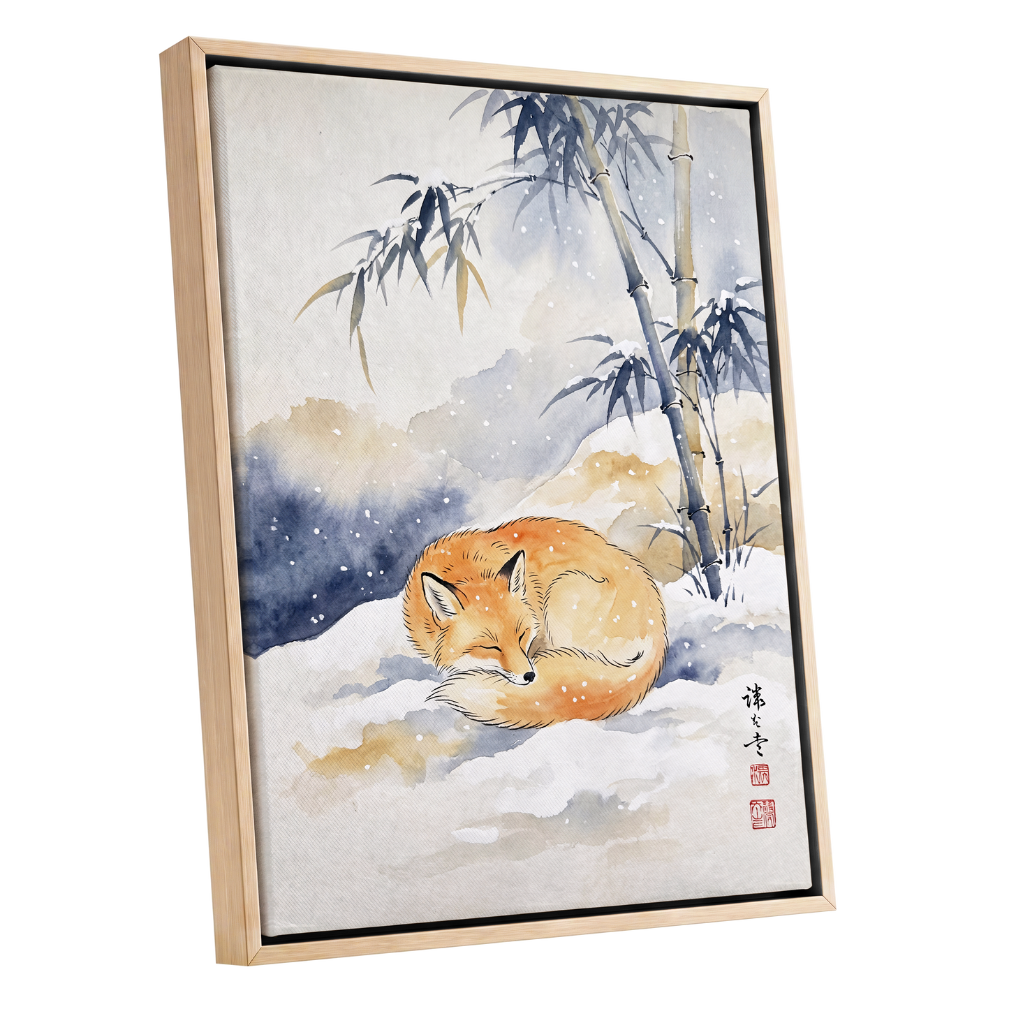 Fox Beneath Winter Bamboo, orange, white, blue nature wall art shown as a oak framed canvas wall art