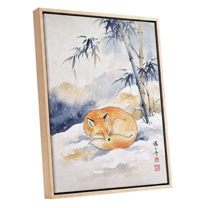 Fox Beneath Winter Bamboo, orange, white, blue nature wall art shown as a oak framed canvas wall art