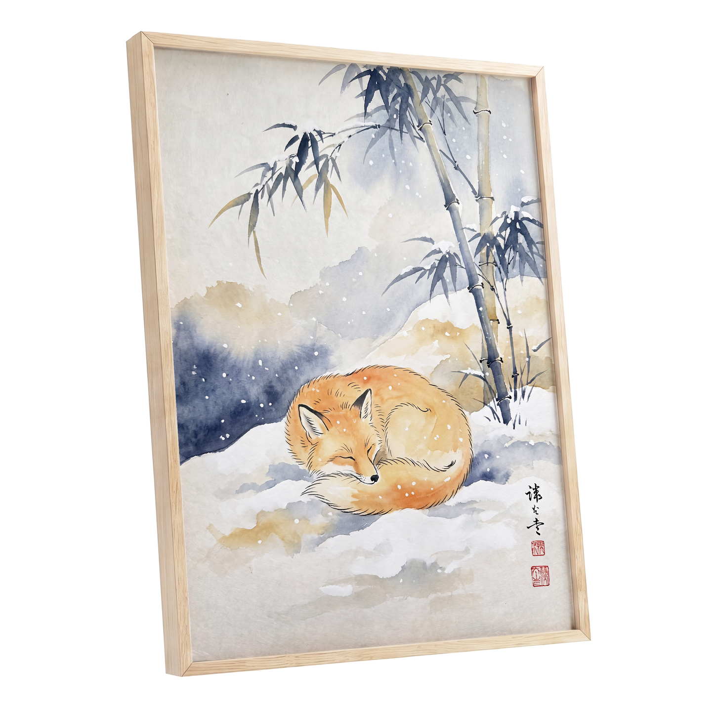 Fox Beneath Winter Bamboo, orange, white, blue nature wall art shown as a oak framed poster wall art print