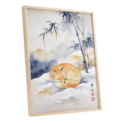 Fox Beneath Winter Bamboo, orange, white, blue nature wall art shown as a oak framed poster wall art print