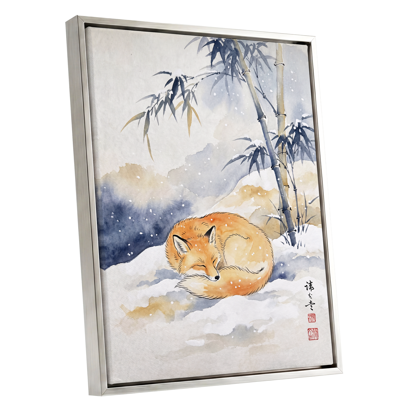 Fox Beneath Winter Bamboo, orange, white, blue nature wall art shown as a silver framed canvas wall art