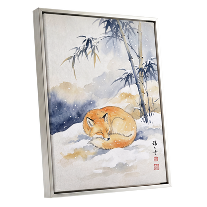 Fox Beneath Winter Bamboo, orange, white, blue nature wall art shown as a silver framed canvas wall art
