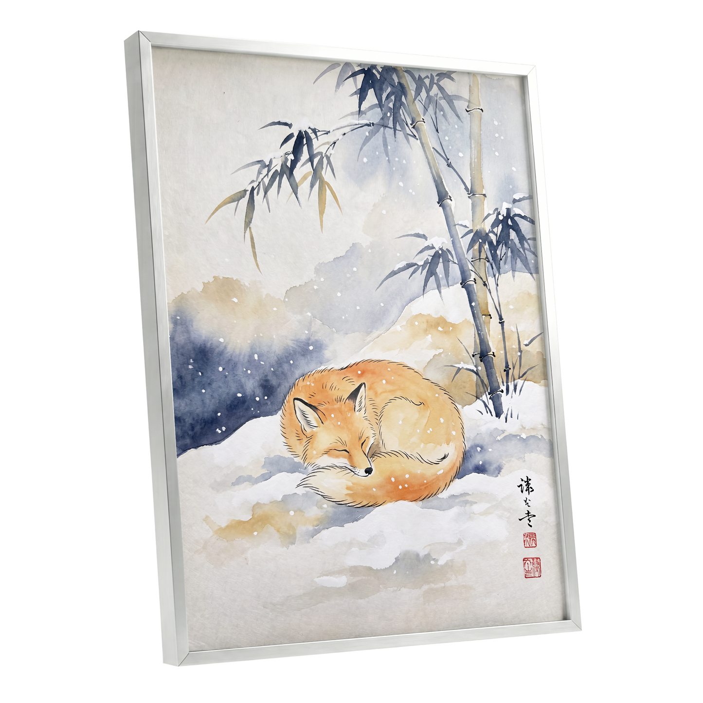 Fox Beneath Winter Bamboo, orange, white, blue nature wall art shown as a silver framed poster wall art print