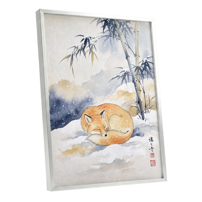 Fox Beneath Winter Bamboo, orange, white, blue nature wall art shown as a silver framed poster wall art print