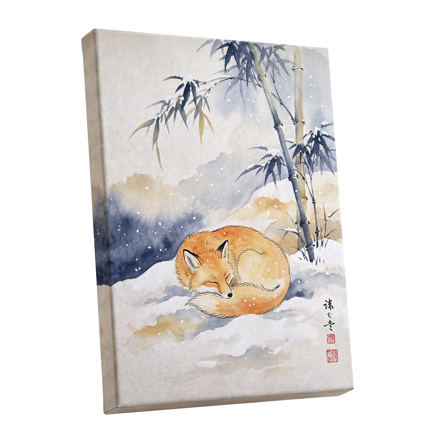 Fox Beneath Winter Bamboo, orange, white, blue nature wall art shown as a stretched canvas wall art