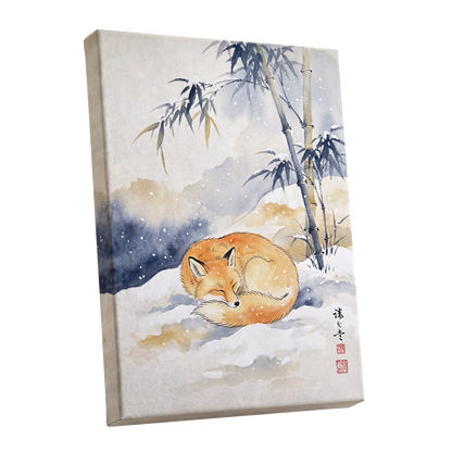 Fox Beneath Winter Bamboo, orange, white, blue nature wall art shown as a stretched canvas wall art