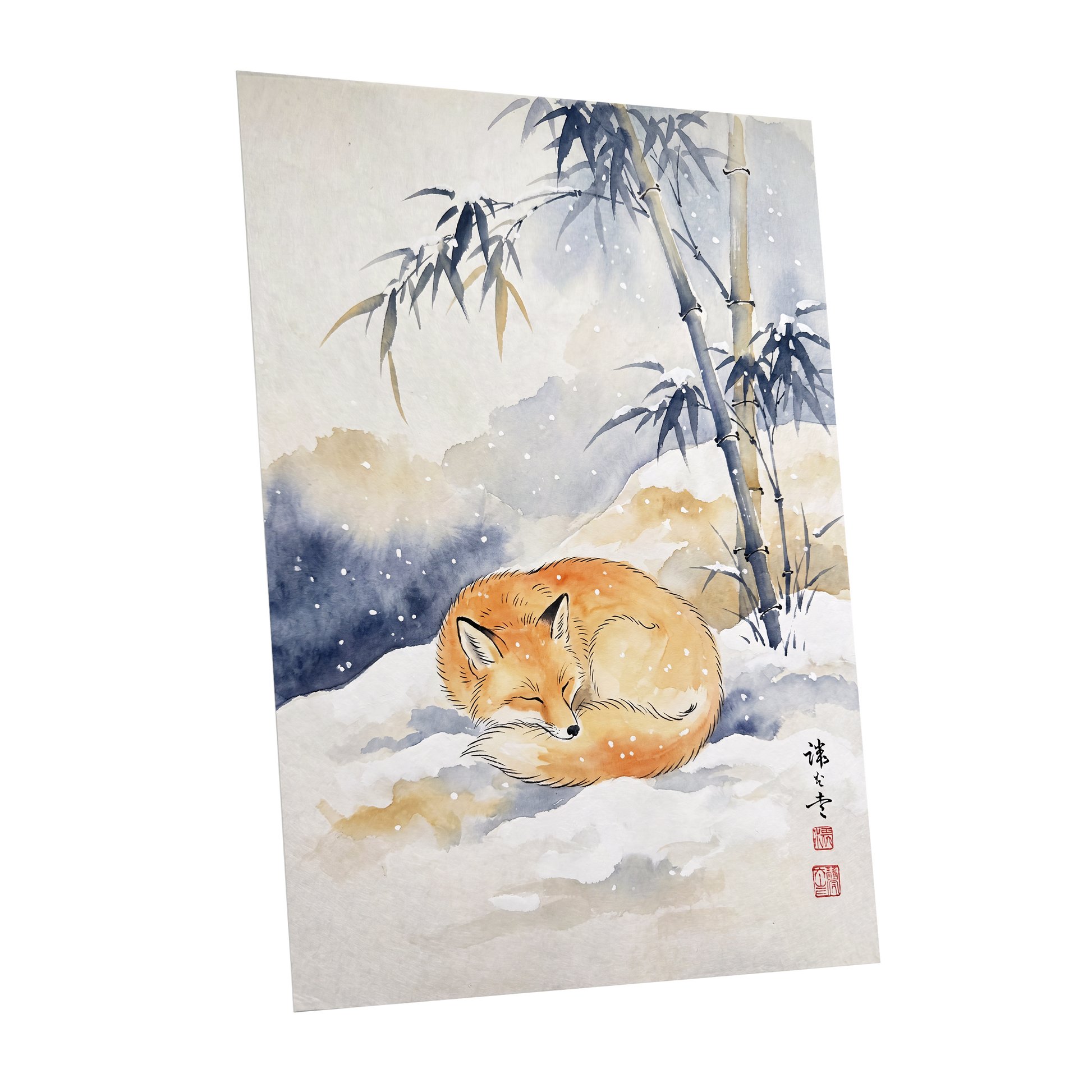 Fox Beneath Winter Bamboo, orange, white, blue nature wall art shown as a unframed poster wall art print