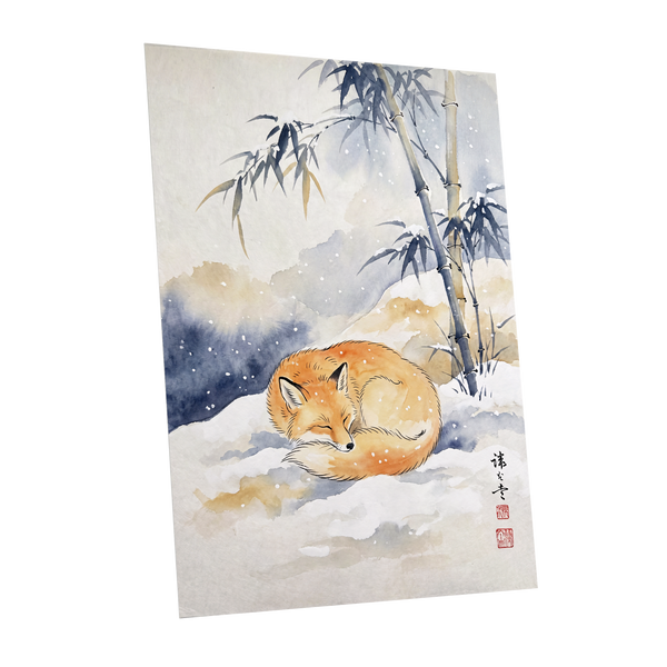 Fox Beneath Winter Bamboo, orange, white, blue nature wall art shown as a unframed poster wall art print