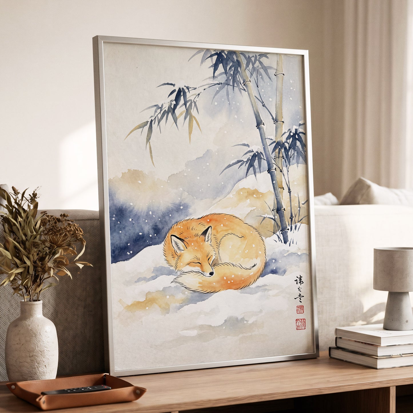 Fox Beneath Winter Bamboo, orange, white, blue nature wall art displayed in a styled interior, gallery view 2