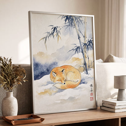 Fox Beneath Winter Bamboo, orange, white, blue nature wall art displayed in a styled interior, gallery view 2
