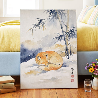 Fox Beneath Winter Bamboo, orange, white, blue nature wall art displayed in a styled interior, gallery view 3