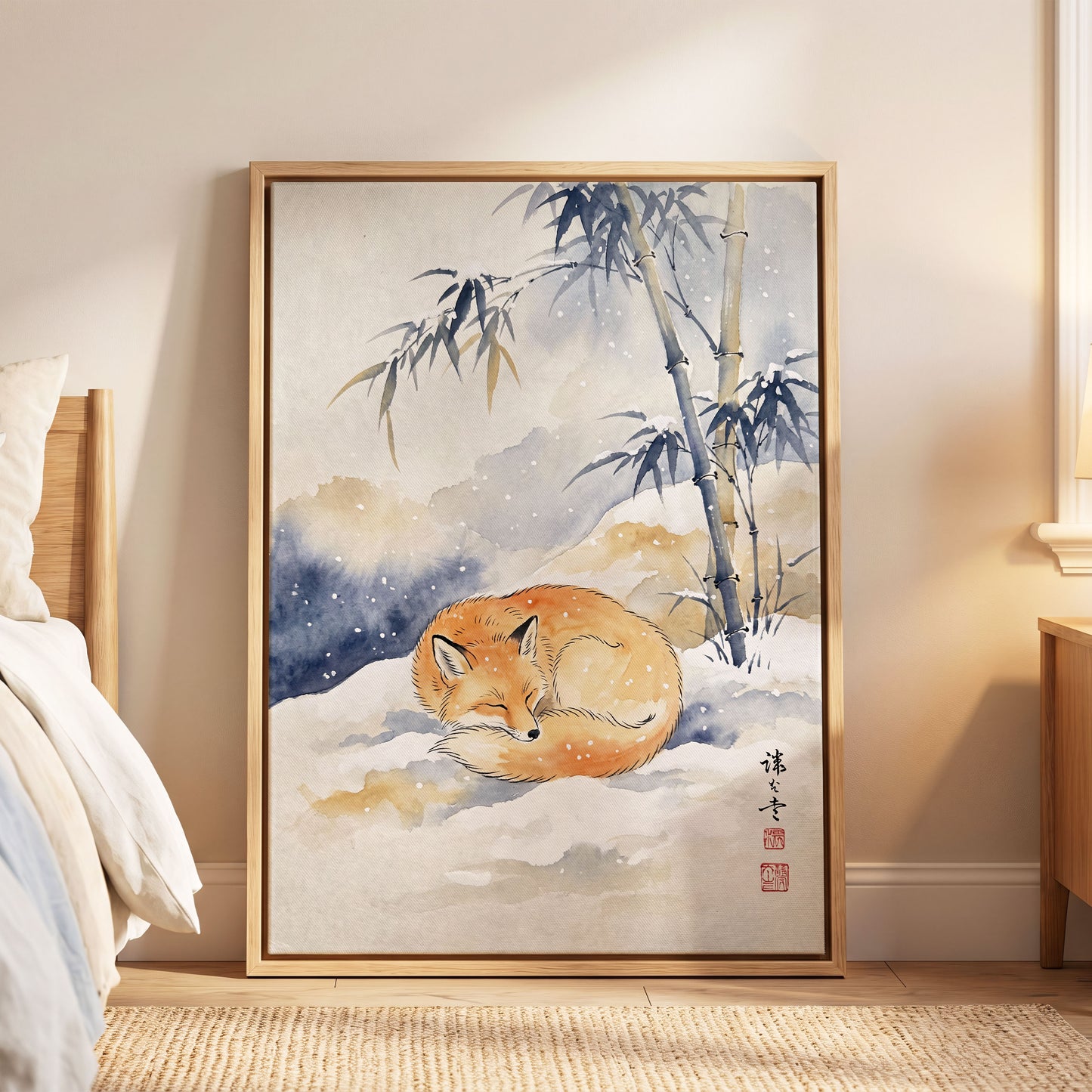 Fox Beneath Winter Bamboo, orange, white, blue nature wall art displayed in a styled interior, gallery view 4