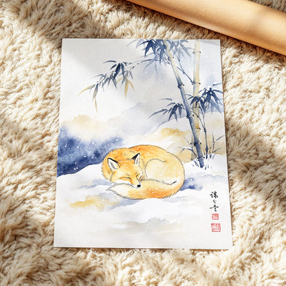 Fox Beneath Winter Bamboo, orange, white, blue nature wall art displayed in a styled interior, gallery view 5