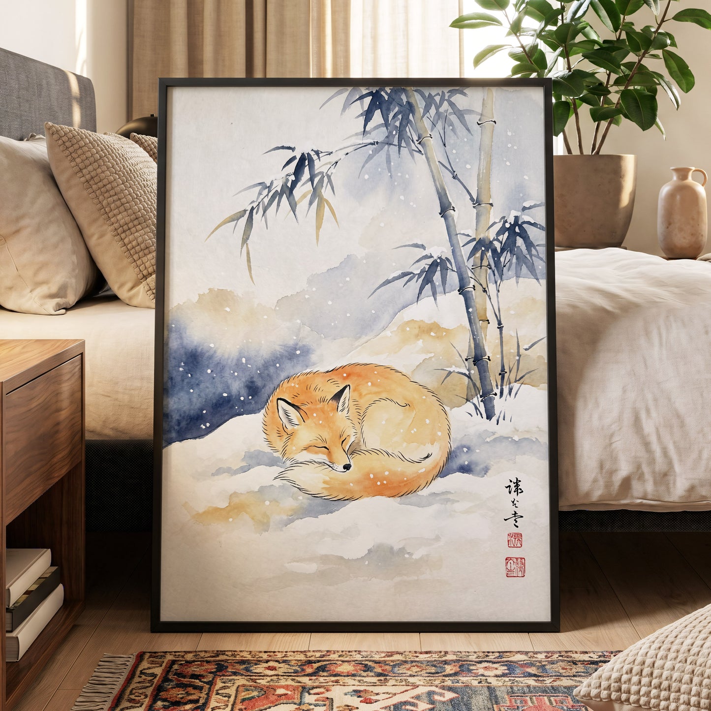Fox Beneath Winter Bamboo, orange, white, blue nature wall art displayed in a styled interior, gallery view 6