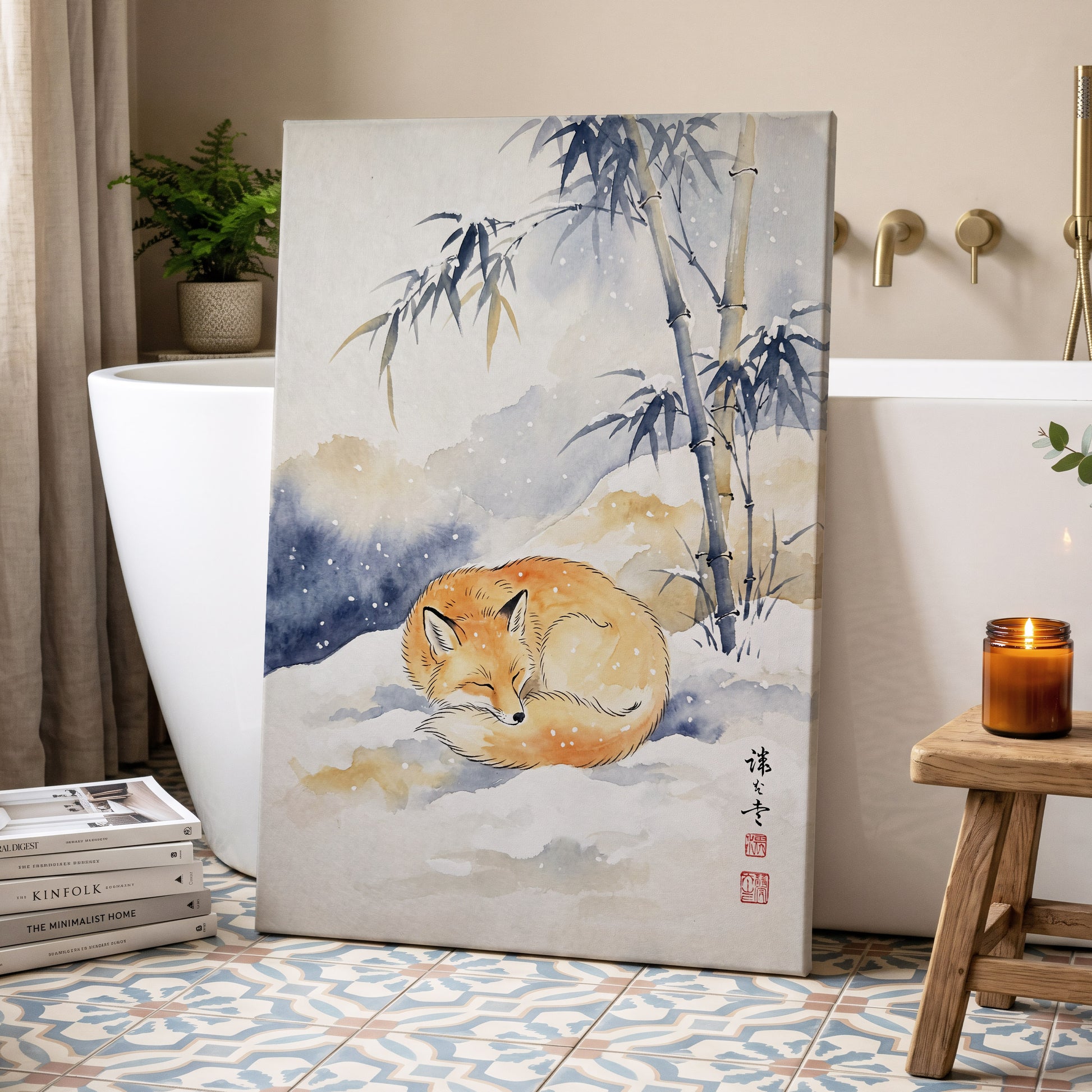 Fox Beneath Winter Bamboo, orange, white, blue nature wall art displayed in a styled interior, gallery view 7