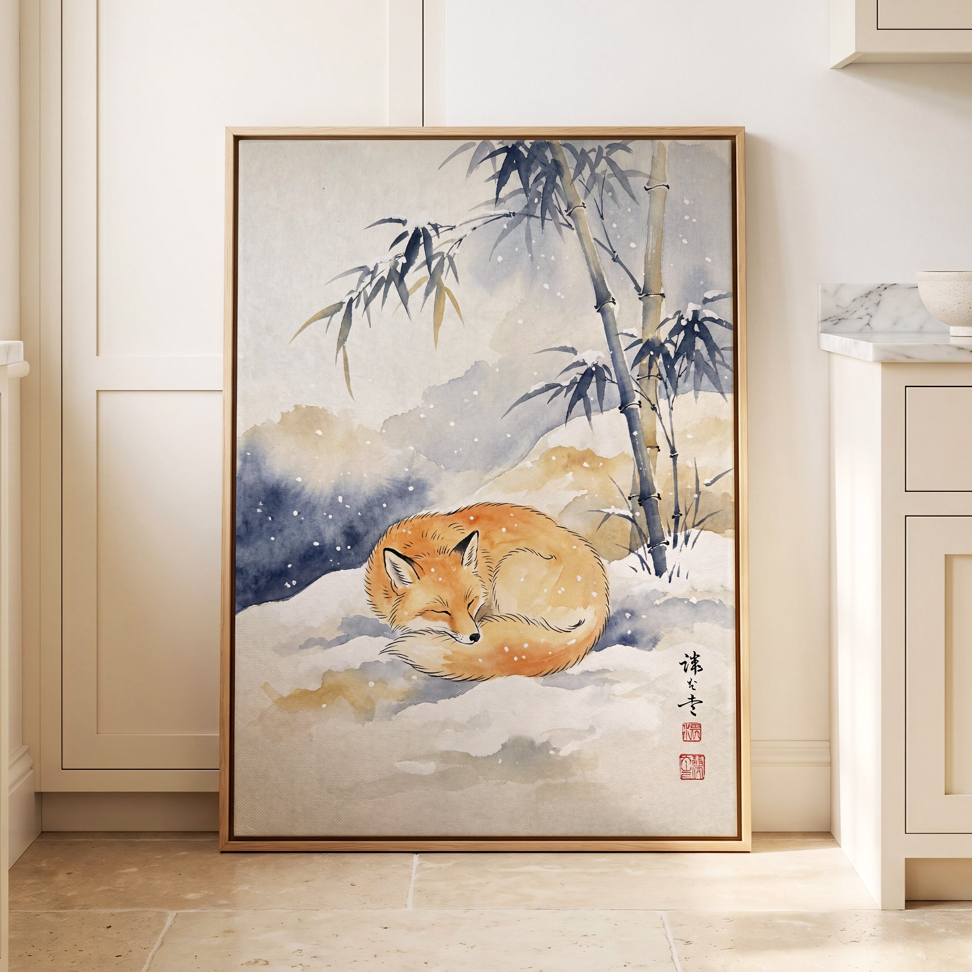 Fox Beneath Winter Bamboo, orange, white, blue nature wall art displayed in a styled interior, gallery view 8