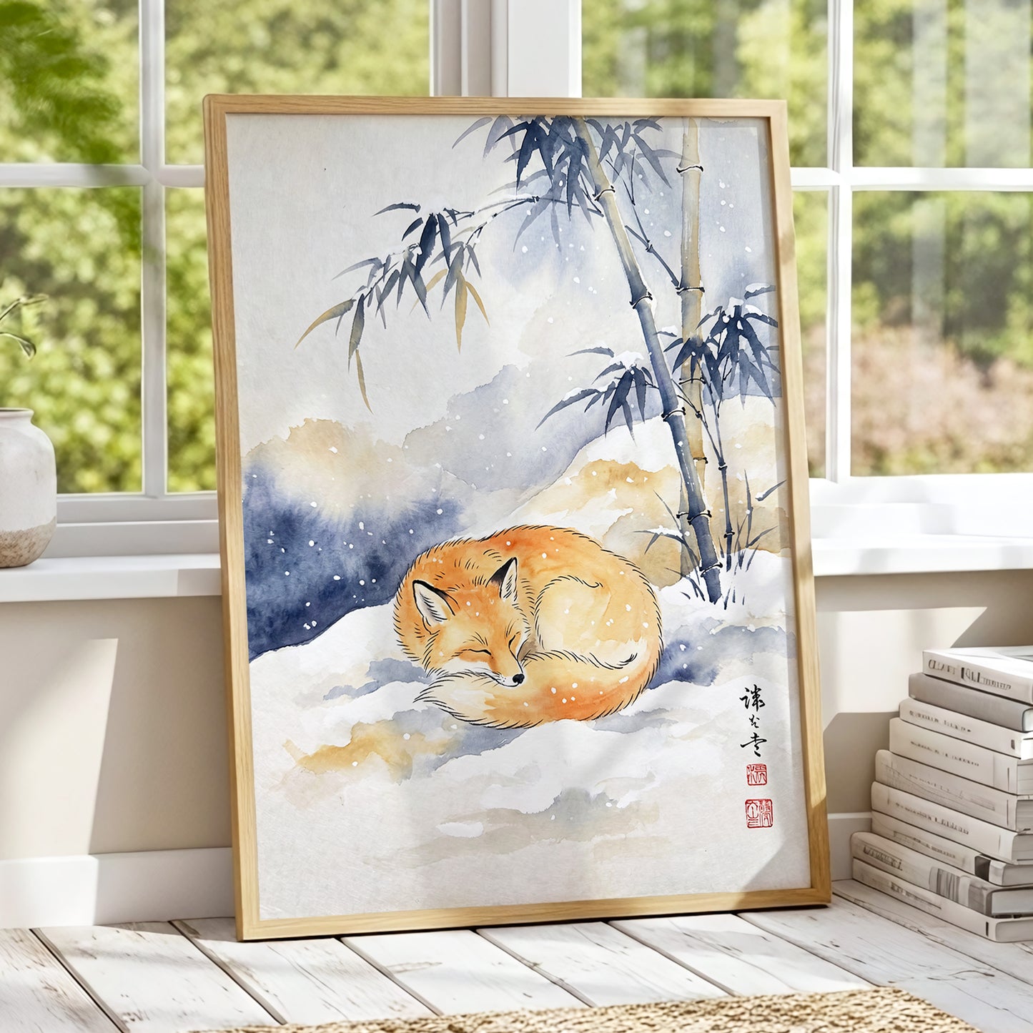 Fox Beneath Winter Bamboo, orange, white, blue nature wall art displayed in a styled interior, gallery view 9