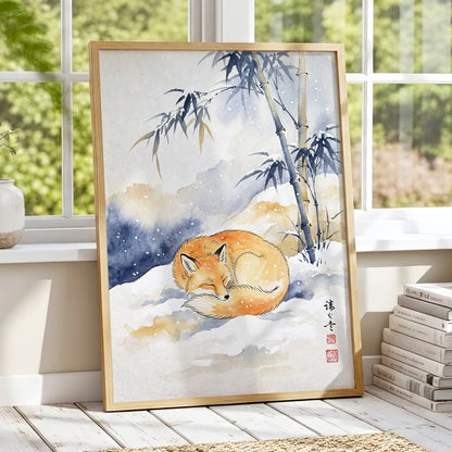 Fox Beneath Winter Bamboo, orange, white, blue nature wall art displayed in a styled interior, gallery view 9