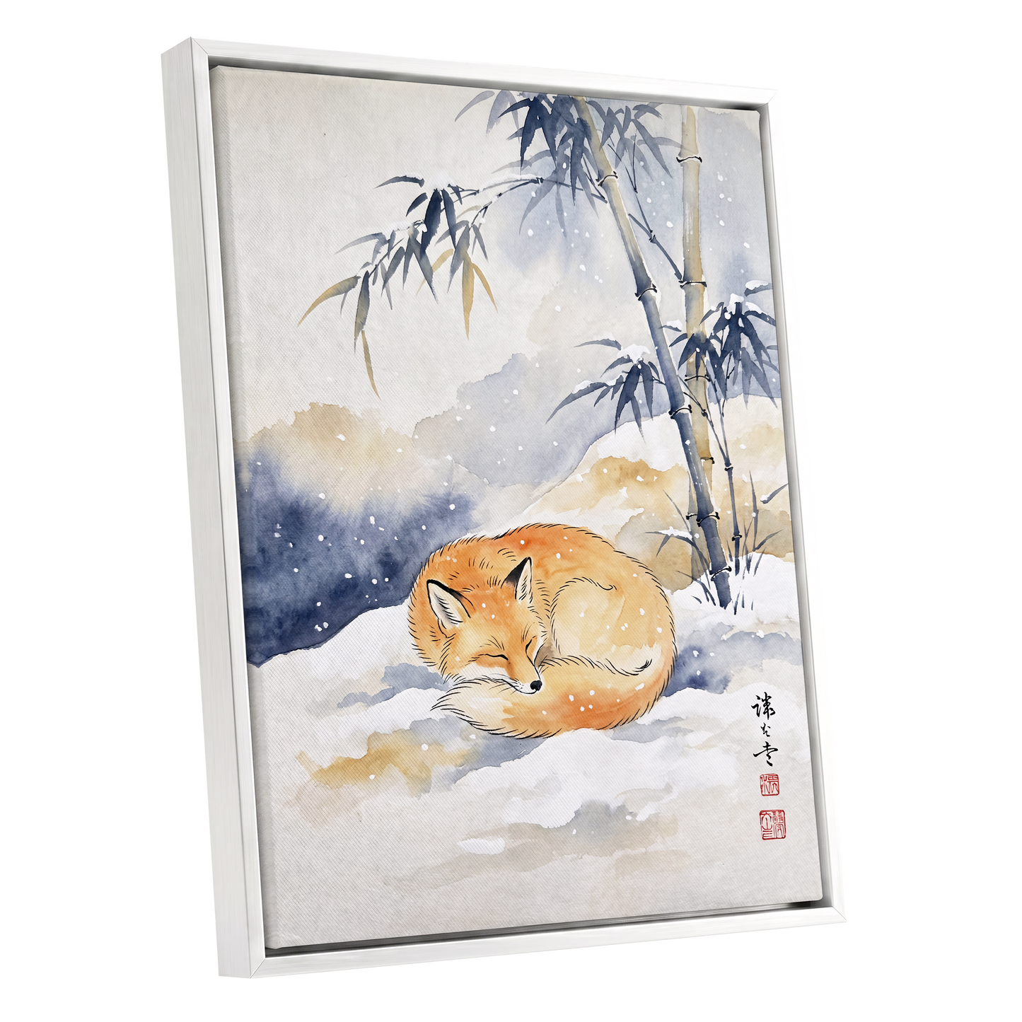 Fox Beneath Winter Bamboo, orange, white, blue nature wall art shown as a white framed canvas wall art