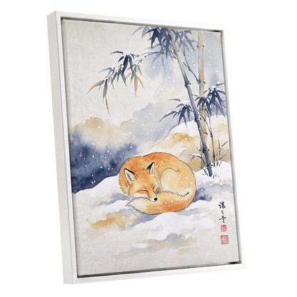 Fox Beneath Winter Bamboo, orange, white, blue nature wall art shown as a white framed canvas wall art