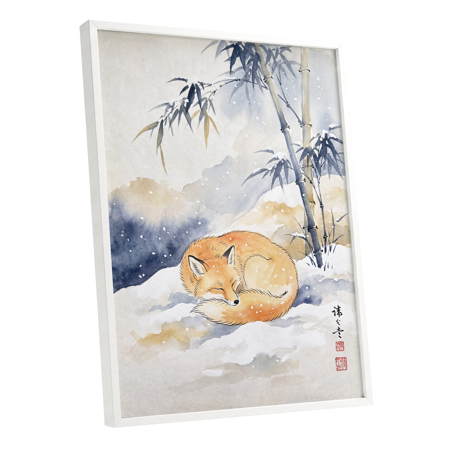 Fox Beneath Winter Bamboo, orange, white, blue nature wall art shown as a white framed poster wall art print