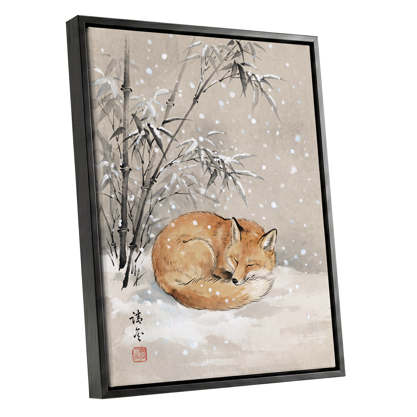Fox in Falling Snow, beige, white, gray nature wall art shown as a black framed canvas wall art