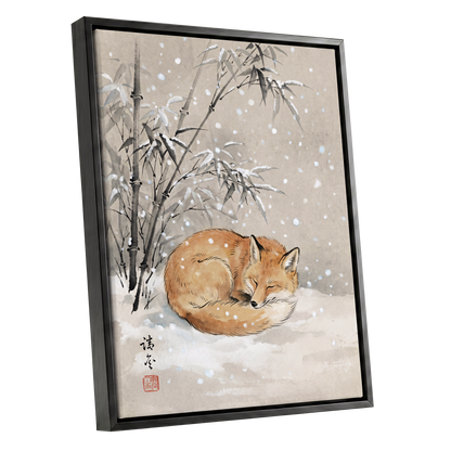 Fox in Falling Snow, beige, white, gray nature wall art shown as a black framed canvas wall art