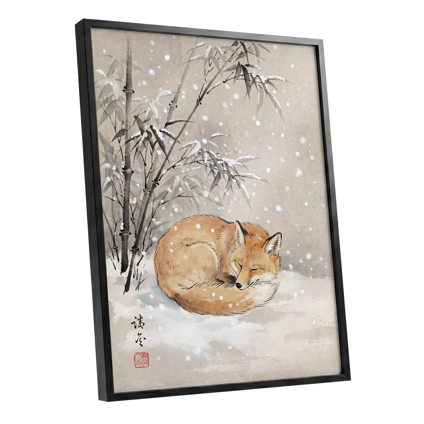 Fox in Falling Snow, beige, white, gray nature wall art shown as a black framed poster wall art print